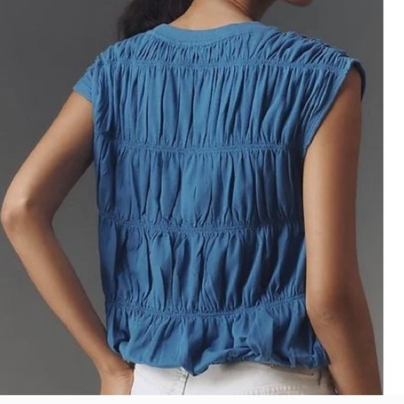 NWT Maeve Anthropologie Women's Blue Tiered Smocked Bubble Tee Size XS-M - Picture 2 of 7